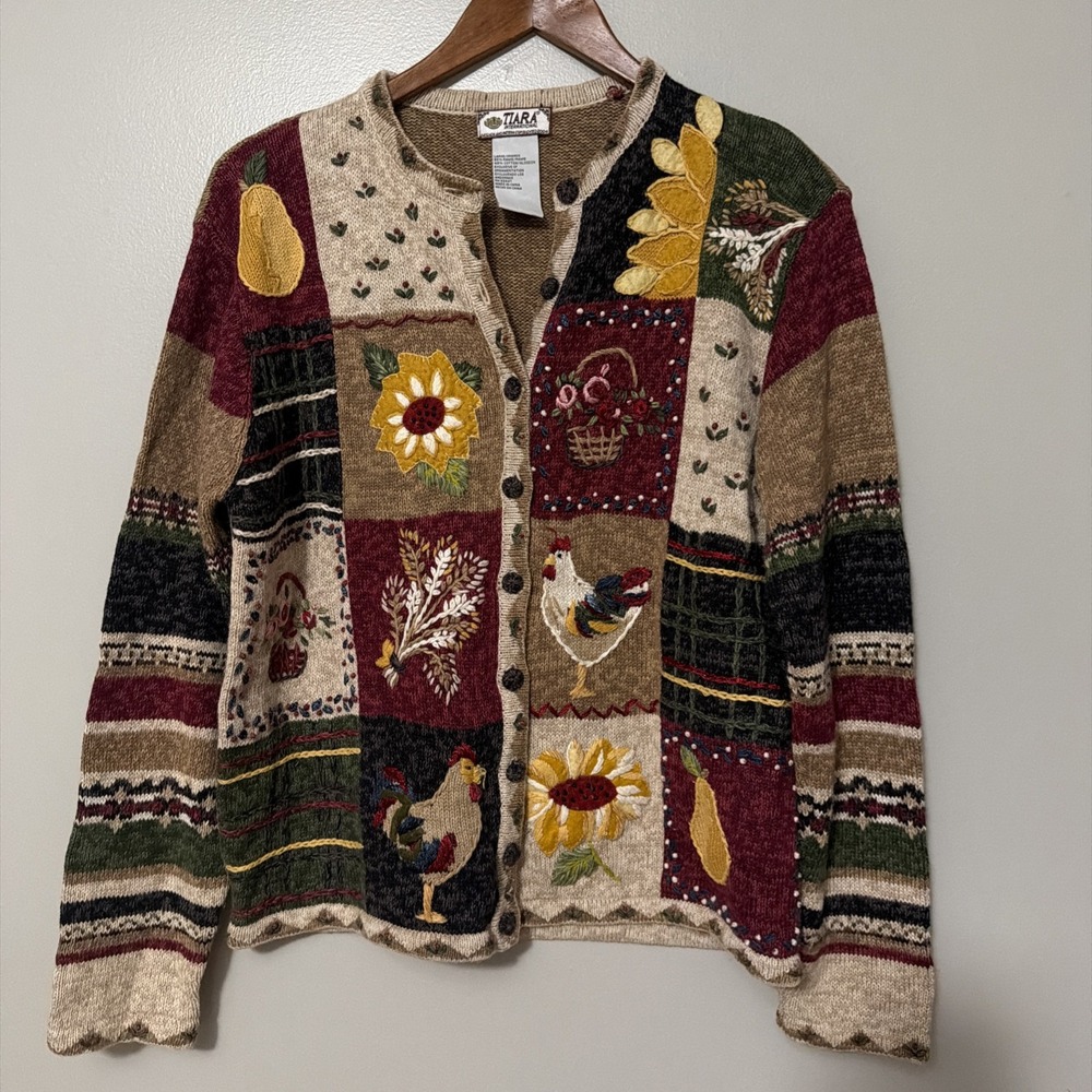 VTG TIARA INTERNATIONAL SZ L Tan Yellow Sunflower Rooster Ramie Cotton Cardigan